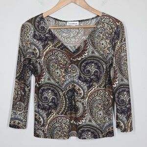 Vtg 90s Y2K Dark Paisley 3/4 Sleeve Top Academia Preppy Fairy Old Money V-Neck